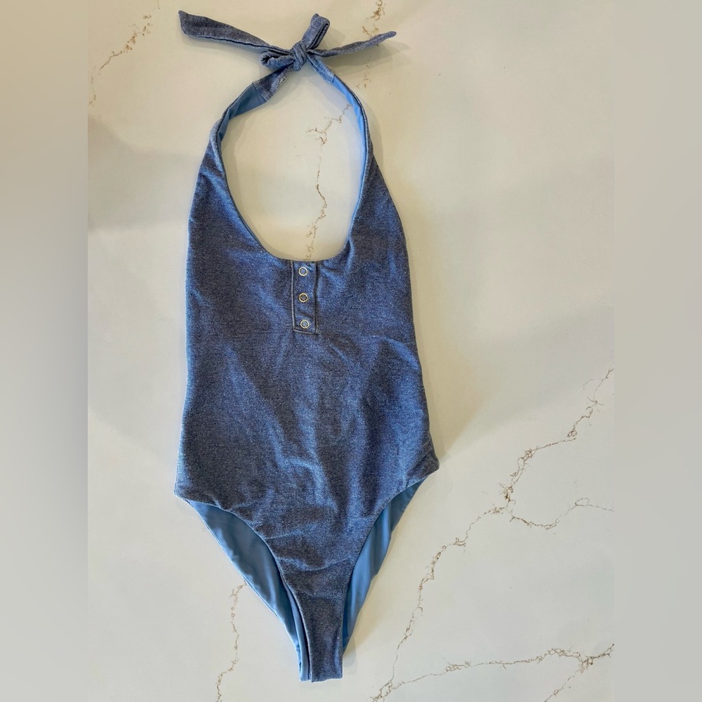 Beach Bunny Faux Demin Light Blue Swimwear Halter One-Piece